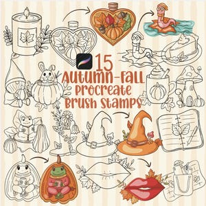 May include: A digital collection of 15 autumn-fall Procreate brush stamps featuring line art and colored illustrations of seasonal items including pumpkins, mushrooms, a candle, a witch hat, a frog, a worm, lips, and a notebook on a striped background.