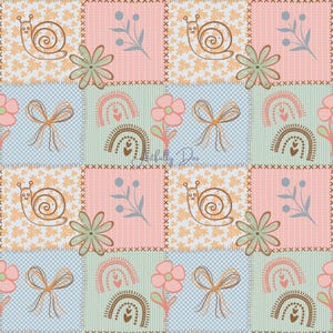 Könnte beinhalten: Ein sich wiederholendes Patchwork-Muster mit Schnecken, Blumen, Schleifen und Regenbogen. Die Quadrate sind in Pastelltönen von Rosa, Blau und Grün gehalten, mit dekorativen Nähten und floralen Details. Das Design enthält den Text "Artfully Dev".