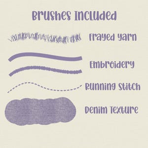 Pode incluir: Uma exibi&ccedil;&atilde;o digital intitulada BRUSHES INCLUDED apresentando quatro exemplos de tra&ccedil;os de pincel roxos: uma textura de fio desfiado, uma linha de bordado s&oacute;lida, uma linha de ponto corrido e uma forma de textura jeans em um fundo creme claro.