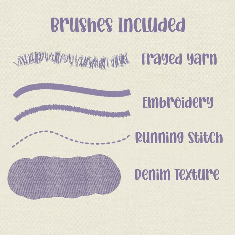 Pode incluir: Uma exibi&ccedil;&atilde;o digital intitulada BRUSHES INCLUDED apresentando quatro exemplos de tra&ccedil;os de pincel roxos: uma textura de fio desfiado, uma linha de bordado s&oacute;lida, uma linha de ponto corrido e uma forma de textura jeans em um fundo creme claro.