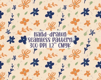 Hand Drawn Folk Floral Seamless Pattern for Fabric Sewing Rustic Floral Digital Paper Surface Design File