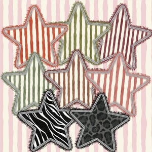 May include: A collection of eight star-shaped fabric patches featuring various patterns including vertical stripes in red, green, and maroon, as well as black and white zebra print and a grey leopard print, all with frayed edges and stitched borders.