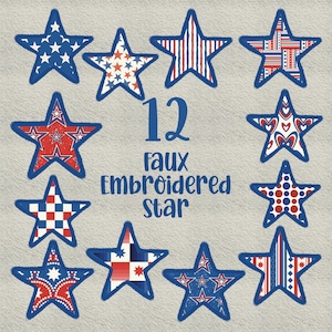 Puede incluir: Doce estrellas bordadas con diseños patrióticos variados, incluyendo estrellas, rayas y lunares. Las estrellas están delineadas en azul sobre un fondo gris texturizado. El texto "12 faux embroidered star" está en el centro.