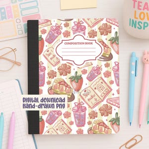 May include: A composition book with a pattern of strawberries, flowers, and drinks. The cover has the text "COMPOSITION BOOK" and "You matter". The words "Digital download Hand-drawn PNG" are also visible.