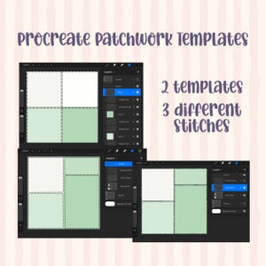 Pode incluir: Modelos de patchwork para Procreate com o texto Procreate Patchwork Templates, 2 templates, 3 different stitches. A imagem mostra interfaces digitais com formas quadradas e retangulares em camadas com v&aacute;rios padr&otilde;es de costura.
