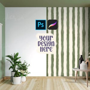 May include: Interior design concept featuring a white wall with green vertical stripes and a wooden floor. The wall displays the text "your design here" and the Adobe Photoshop and Procreate app icons. Potted plants and decorative vases complete the scene.