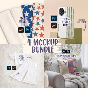 May include: A mockup bundle featuring four different product designs. Includes fabric swatches with star patterns, a phone case with vertical stripes, a white outfit, and a decorative pillow. Each item has space for custom designs, with the text "Your Design Here."