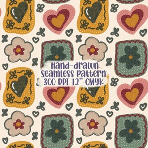 May include: A repeating pattern featuring hand-drawn designs of hearts, flowers, and square shapes with floral and heart motifs. The color palette includes shades of yellow, pink, green, and cream. The text "Hand-drawn seamless pattern 300 DPI 12" CMYK" is also visible.