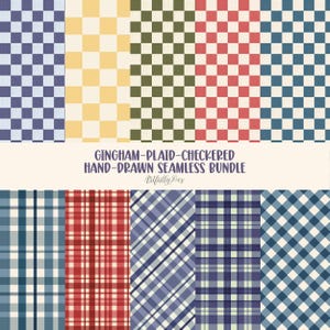 May include: A digital collection of ten seamless patterns featuring various checkered, gingham, and plaid designs in blue, yellow, olive green, and red. The text GINGHAM-PLAID-CHECKERED HAND-DRAWN SEAMLESS BUNDLE and ArtfullyDes is centered.