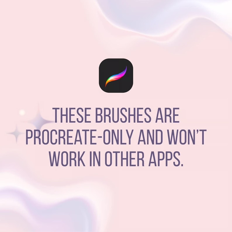 Pode incluir: Gr&aacute;fico de arte digital com fundo rosa e roxo. A imagem inclui o logotipo do aplicativo Procreate e o texto: "Estes pinc&eacute;is s&atilde;o apenas para Procreate e n&atilde;o funcionar&atilde;o em outros aplicativos."