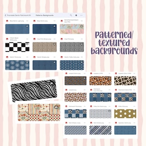 Pode incluir: Uma interface de ficheiros digitais que apresenta um kit de patchwork de ganga para Procreate com v&aacute;rios fundos texturados e estampados, incluindo ganga, estampado de vaca, leopardo, floral, bolinhas, riscas e xadrez.