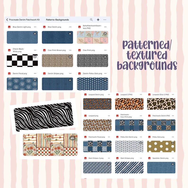 Pode incluir: Uma interface de ficheiros digitais que apresenta um kit de patchwork de ganga para Procreate com v&aacute;rios fundos texturados e estampados, incluindo ganga, estampado de vaca, leopardo, floral, bolinhas, riscas e xadrez.