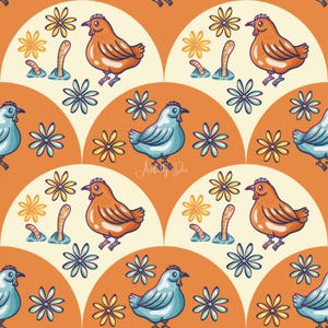 May include: A repeating pattern featuring stylized chickens, flowers, and worms. The design includes orange, blue, and yellow elements set against a warm orange background. The chickens are in shades of orange and blue, with the flowers and worms adding pops of color.