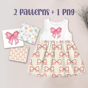 Op de afbeelding: Een mouwloze witte en crèmekleurige jurk met een roze strikdesign. De jurk heeft een roze strikgrafiek op het lijfje en een herhalend strikpatroon op de rok. De afbeelding bevat ook drie patroonvoorbeelden met strik- en bloemmotieven en de tekst "2 patterns + 1 PNG".
