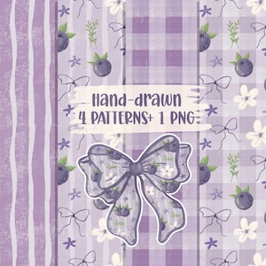 May include: A digital art composition featuring four patterns in shades of purple. The patterns include stripes, gingham, and floral designs with blueberries and bows. The text "Hand-drawn 4 PATTERNS+ 1 PNG" is visible.