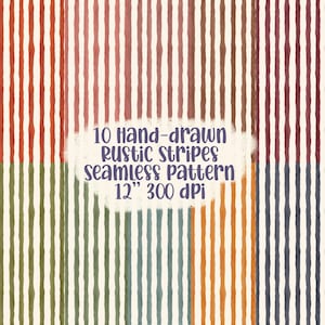 May include: A digital image featuring ten hand-drawn rustic stripe patterns. The stripes vary in color, including red, green, brown, and blue, against a cream background. The image includes the text "10 Hand-drawn Rustic Stripes seamless pattern 12" 300 dpi."