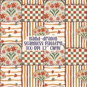 May include: A hand-drawn seamless pattern with a patchwork design. The pattern incorporates floral motifs, checkered squares, and striped sections in red, green, and orange. The text "Hand-drawn seamless pattern 300 DPI 30.48 cm CMYK" is visible.