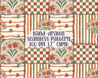 Cottagecore Patchwork Seamless Pattern Vintage Floral Quilt Digital Paper Rustic Gingham Repeat Pattern Folk Art Farmhouse Fabric Print