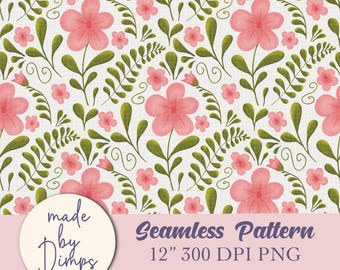 Pink Floral Seamless Pattern Flower Watercolor Pattern Seamless File For Fabric Spring Pattern Floral Digital Paper Instant Download PNG