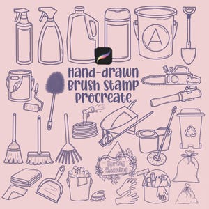 Könnte beinhalten: Strichzeichnung von Reinigungsutensilien und Werkzeugen, darunter Sprühflaschen, Eimer, Besen und eine Schubkarre. Der Text "Hand-drawn brush stamp Procreate" wird angezeigt. Der Hintergrund ist hellrosa.
