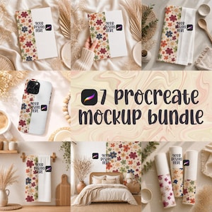 May include: A mockup bundle featuring various items with a floral design, including notebooks, a phone case, towels, and wallpaper. The text "YOUR DESIGN HERE" and "7 procreate mockup bundle" are visible. The color palette includes white, beige, and floral patterns.