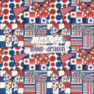 Op de afbeelding: Een patriottisch patchwork-ontwerp met rode, witte en blauwe elementen. Het patroon bevat strikken, vlaggen, stippen en sterren. De tekst "250 years of freedom" en "Hand-drawn" is ook zichtbaar.