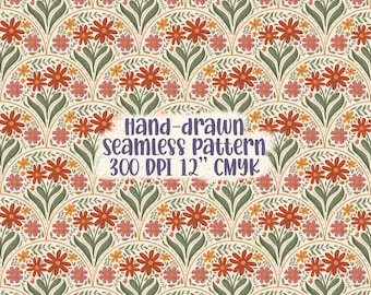 Floral Retro Seamless Pattern Scallop Floral Pattern Seamless File Flower Retro Digital Paper Spring Pattern Retro Fabric Pattern Design PNG