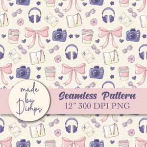May include: Seamless pattern featuring travel-themed illustrations. The design includes cameras, headphones, sunglasses, coffee cups, maps, notebooks, bows, and hearts in shades of pink, purple, and beige. The text "Seamless Pattern" and "made by Dimps" are also visible.