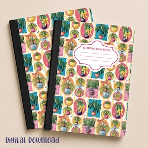 Couverture de cahier de composition imprimable, cahier de plantes d'intérieur à télécharger, cahier de composition imprimable, plantes en pot, cahier girly dessiné à la main