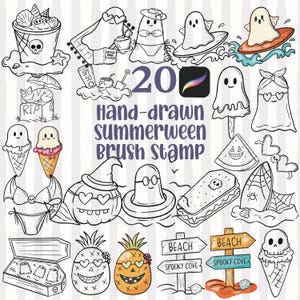 Op de afbeelding: Een collectie van 20 handgetekende digitale penseelstempels met zomerse spookillustraties, waaronder spoken met surfplanken, ananassen, ijsjes en strandborden met de tekst Beach en Spooky Cove op een gestreepte achtergrond.