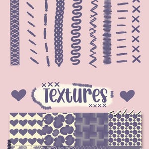 Pode incluir: Conjunto de arte digital com design de patchwork e o texto "PATCHWORK BRUSH SET". Inclui ilustra&ccedil;&otilde;es de pontos, texturas e ideias de colchas. Cores: rosa, azul e branco.