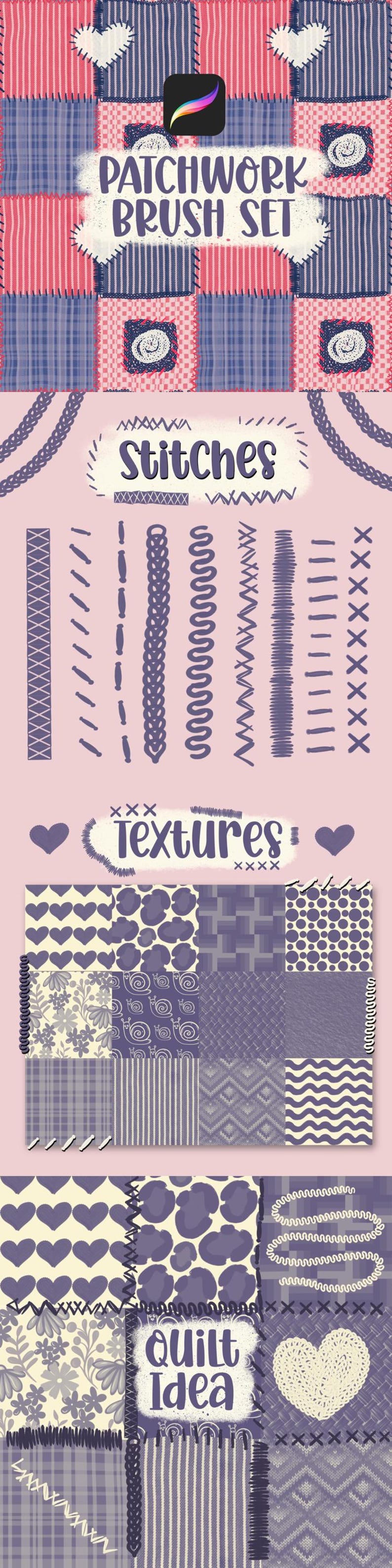 Pode incluir: Conjunto de arte digital com design de patchwork e o texto "PATCHWORK BRUSH SET". Inclui ilustra&ccedil;&otilde;es de pontos, texturas e ideias de colchas. Cores: rosa, azul e branco.