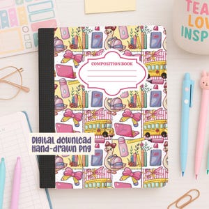 May include: Composition book with a colorful pattern of school-themed illustrations, including books, backpacks, and school buses. The cover features a label that reads "COMPOSITION BOOK". The words "Digital download Hand-drawn PNG" are also visible.