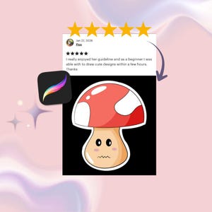 Könnte beinhalten: Ein Cartoon-Pilz-Aufkleber mit roter Kappe und weißen Punkten, einem beigen Stiel und einem besorgten Gesichtsausdruck. Der Aufkleber befindet sich auf einem schwarzen Hintergrund. Über dem Pilz wird eine Bewertung mit fünf Sternen angezeigt.