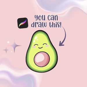 Puede incluir: Un aguacate de dibujos animados con una cara sonriente y un centro rosa aparece sobre un fondo rosa. El texto "you can draw this!" está encima del aguacate, con una flecha que lo señala. Un icono de la aplicación Procreate está en la esquina superior izquierda.