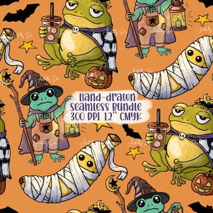 May include: A seamless pattern on an orange background featuring illustrations of frogs in witch hats, frogs in capes with skull clasps holding iced drinks, and bananas wrapped in white bandages like mummies, with text reading hand-drawn seamless bundle 300 DPI 12" CMYK.