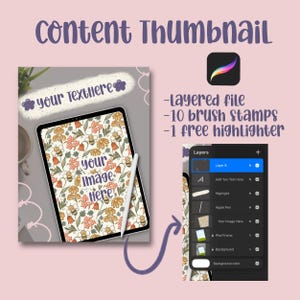 May include: A digital art design featuring a tablet with a floral pattern and stylus. The text on the tablet says "your image here" and "your text here". The image also includes the text "-layered file, -10 brush stamps, -1 free highlighter".