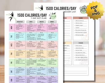 1500 Calorie Diet Plan Printable, 7-Day Meal Planner & Grocery List (Digital Download)