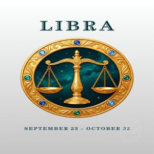 Peut inclure: Illustration dorée du signe du zodiaque Balance. Le cadre ovale est orné de pierres précieuses bleues et vertes. À l'intérieur, une balance dorée se détache sur un fond bleu sarcelle et étoilé. Le texte "LIBRA" et "SEPTEMBRE 23 - OCTOBRE 22" sont affichés.