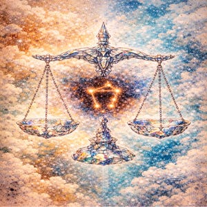 May include: An artistic depiction of the Libra zodiac sign, featuring a detailed scale design with a constellation in the center. The artwork is set against a backdrop of swirling clouds in shades of orange, blue, and white.
