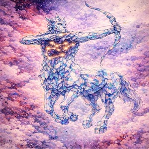Puede incluir: Ilustración detallada de un arquero centauro, renderizado en un estilo geométrico y cristalino. La figura se establece sobre un fondo de nubes rosadas y púrpuras arremolinadas, con un diseño de constelación en el pecho.