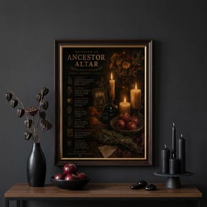 May include: A framed wall art print titled Building an Ancestor Altar, featuring a dark, moody composition of lit candles, a skull, red apples, and dried herbs. The text provides instructions for creating an altar, set within a dark wooden frame.