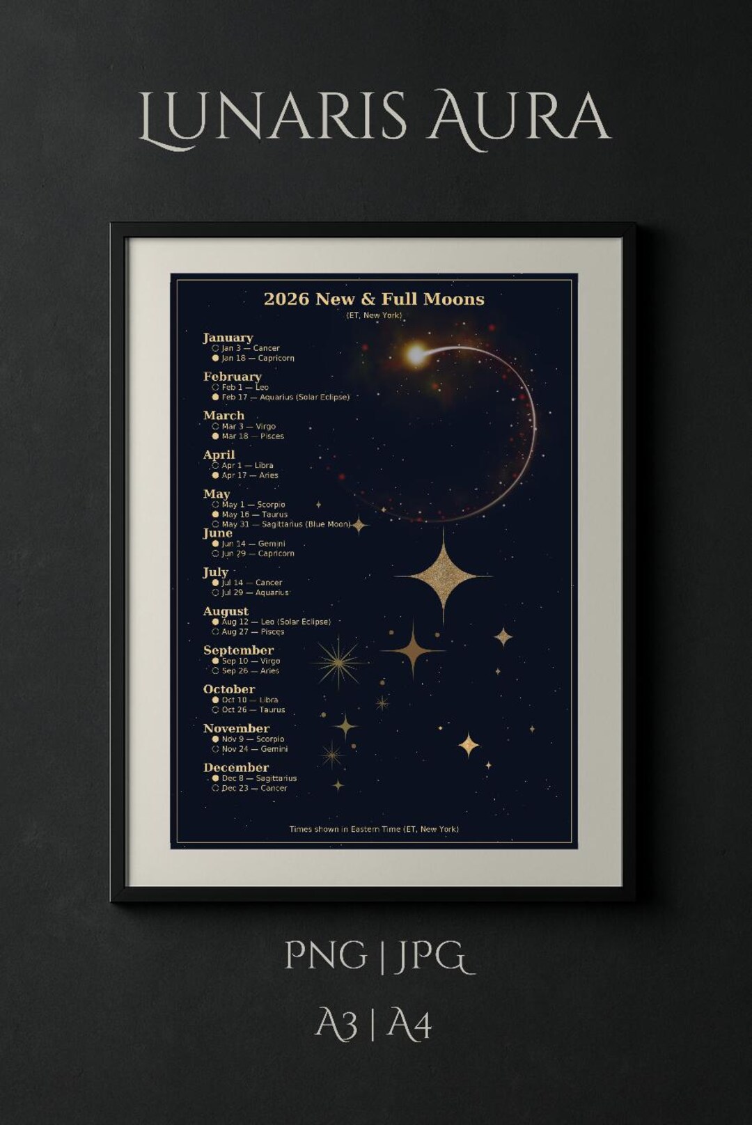 2026 Lunar Calendar Printable, Moon Phase Astrology Poster for Witches ...
