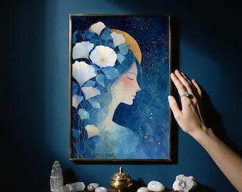 Selene Moon Goddess Art, poster Griekse mythologie, hemelse muurkunst, goddelijke vrouwelijke print, Dark Academia decor digitale download voor altaar