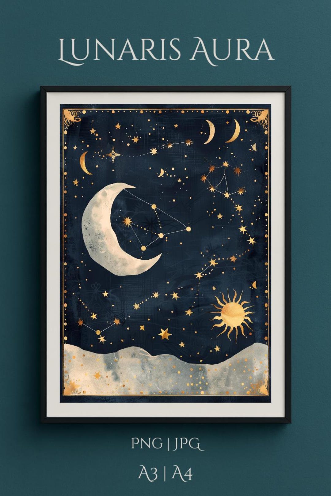 Celestial Moon and Stars Wall Art, Witchy Night Sky Poster, Dark ...