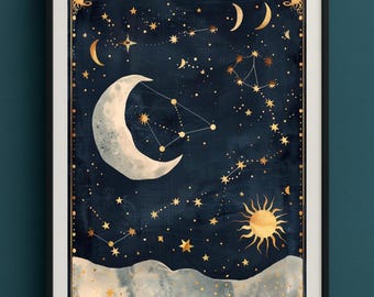 Celestial Moon and Stars Wall Art, Witchy Night Sky Poster, Dark Academia Moon Print, Boho Mystic Decor, Crescent Moon Printable
