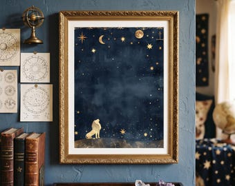 Leo Zodiac Poster Art, Gold Celestial Star Sign Print, Leo Constellation Wall Art, Astrology Birthday, Mystical Home Decor Digital Download