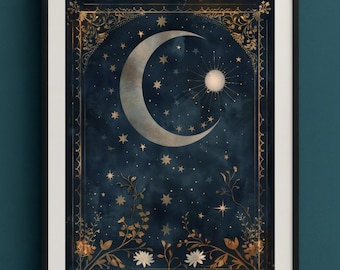 Sun and Moon Celestial Print, Witchy Wall Art, Night Sky Poster, Celestial Botanical Art, Mystical Moon Decor, Printable Wall Art