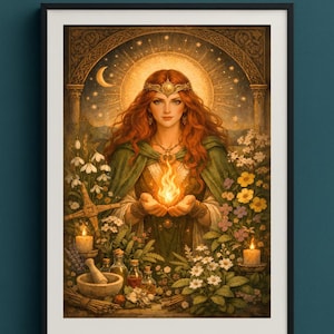 Könnte beinhalten: Gerahmter Kunstdruck mit einer Frau mit roten Haaren, die eine Flamme hält, umgeben von Blumen und Kerzen. Das Kunstwerk hat ein mystisches Thema, mit dem Text "LUNARIS AURA". Erhältlich in PNG- und JPG-Formaten, A3- und A4-Größen.