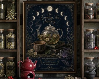 Puede incluir: Una lámina enmarcada titulada The Evening Tea Sorcery con una tetera de cristal, una taza, libros y fases lunares sobre fondo oscuro. Debajo de la lámina hay una tetera roja sobre un calentador a juego con bayas rojas.